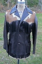 Rare 1950s Leather Fringe Jacket with Hair- On Cow Hide Yoke Detail Size 42 