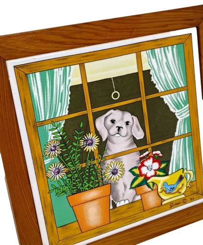 VTG 1983 Gino Wood Framed Art Tile Trivet Dog Window Flower Pot Wall Hanging 7" - Picture 5 of 10