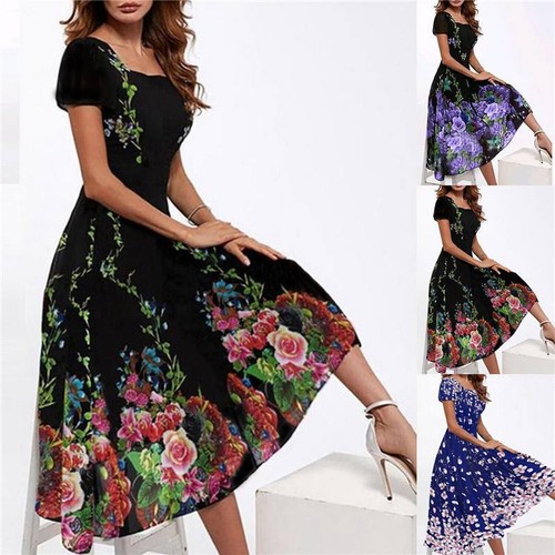 Midi Dress Summer Sundress Ladies Beach Holiday Womens Short Sleeve Boho Floral - Picture 8 of 18
