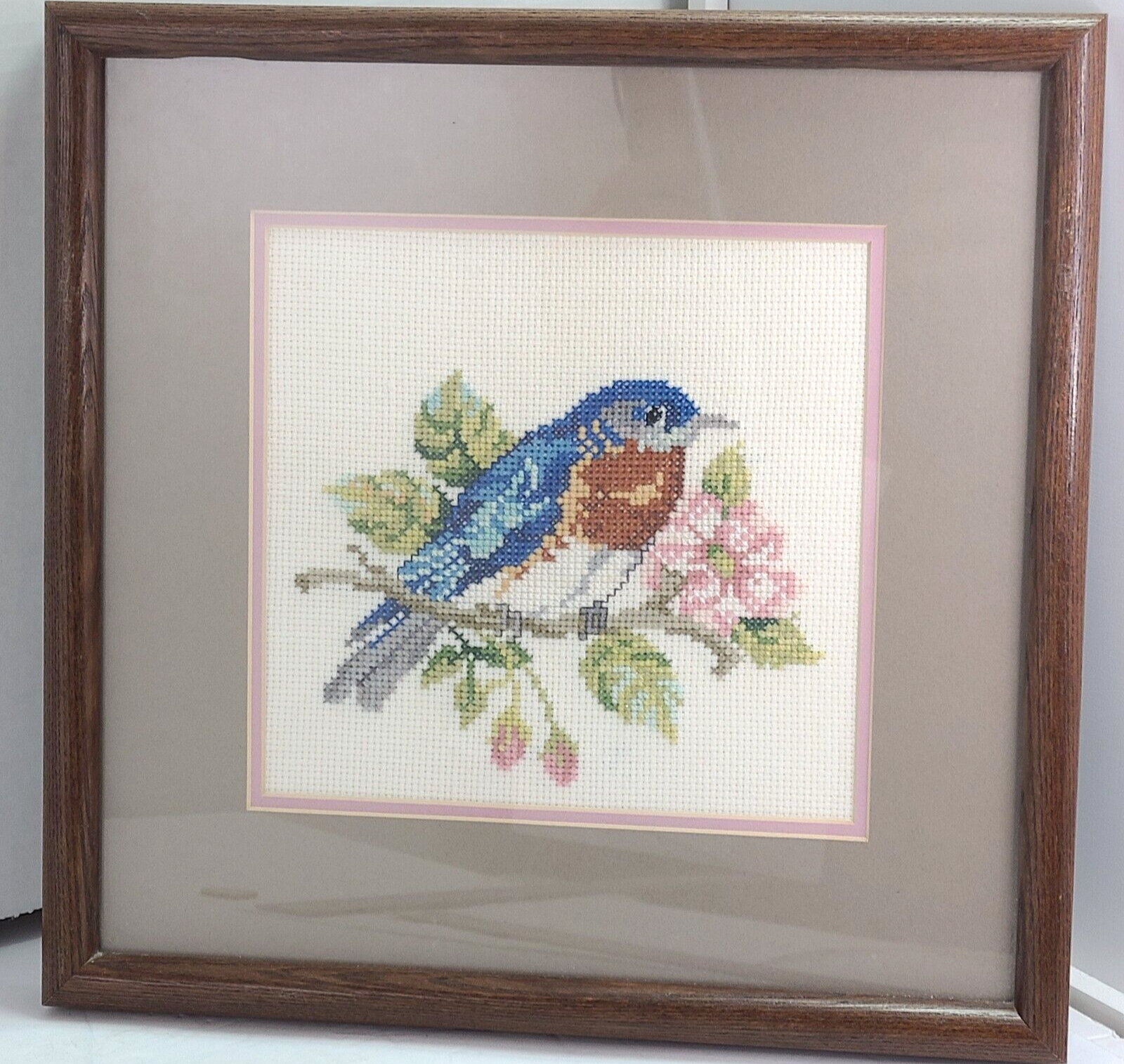 Vintage Blue Bird Framed Needlepoint Wall Art 11x11 Inch Decor-image