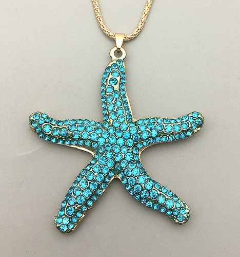 Damen blau Kristall Strass Meer Seestern Anhänger Mode Halskette - Bild 2 von 3