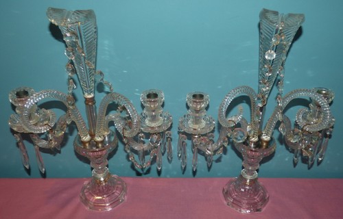 Pair Crystal Candelabras with Prisms & Feather Centerpieces, Antique Art Deco - Picture 7 of 9