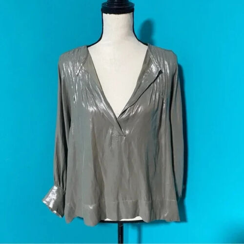 Zara L grün irisierend Satin Optik Schlitz Ausschnitt Langarm Bluse Top