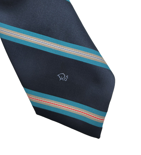 Vintage Christian Dior Black Label Men’s Tie Navy Diagonal Stripe Logo Poly Silk - Picture 2 of 6