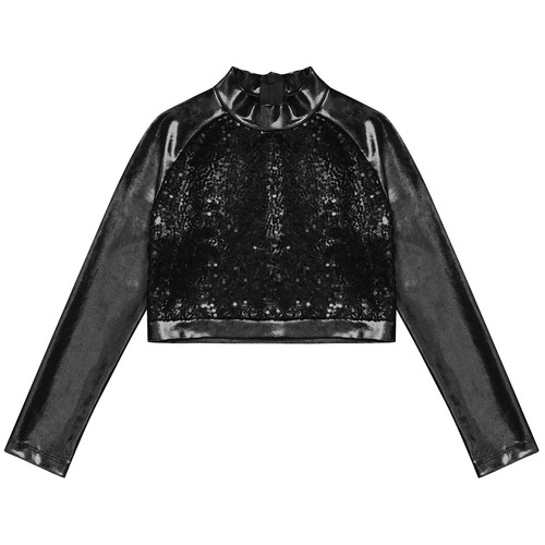 AU Women's Shiny Metallic Crop Tops Long Sleeve Holographic Sequin Tops Pullover - Picture 33 of 106