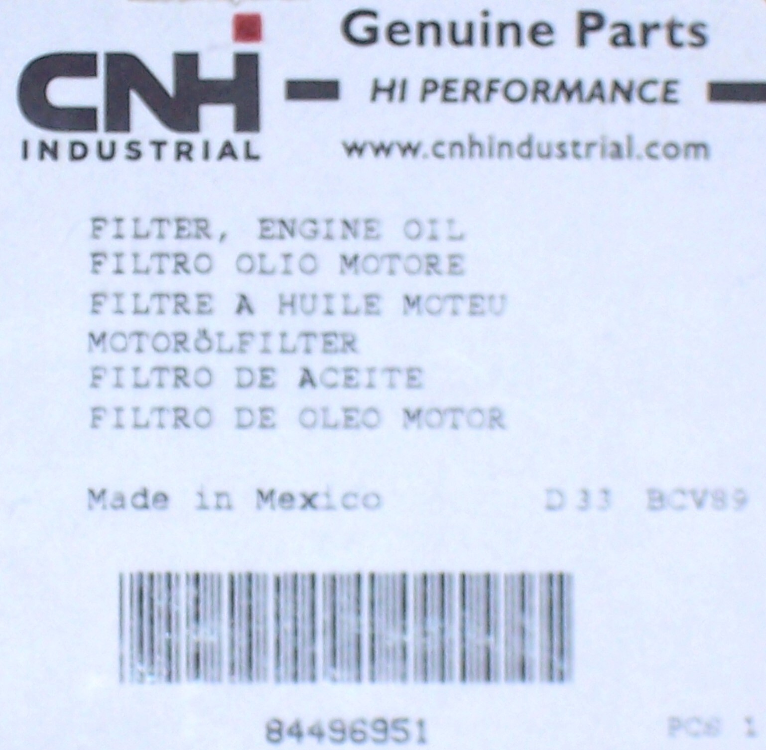 New Holland CNHi Engine Oil Filter #84496951