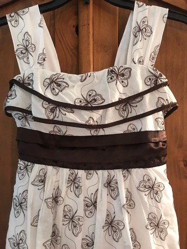 My Michelle Girls White & Brown Dress, Embroidered Butterflies Fully Lined Sz 14 - Picture 3 of 10