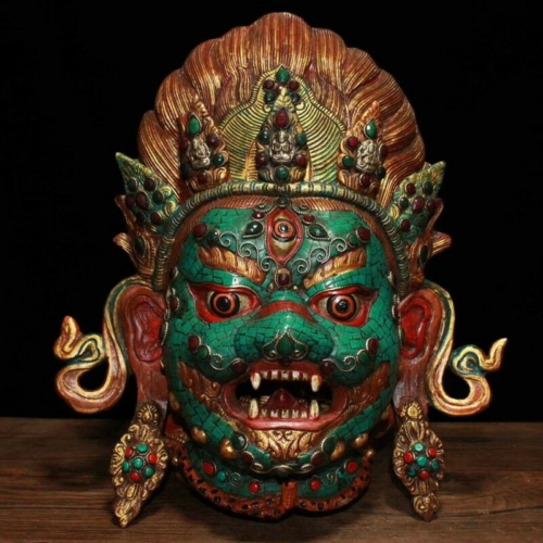 12" Nepal old Tibet copper inlay Turquoise gem Mahakala Mask Buddha statue