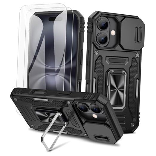 for iPhone 16 Case, with Slide Camera Cover & Built-in Rotating Black