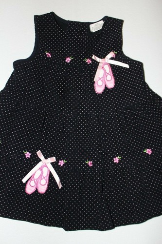 Rare Too Black Corduroy Dress Pink Polka Dots Bows Flowers Ballet Slippers 4T - Picture 2 of 7