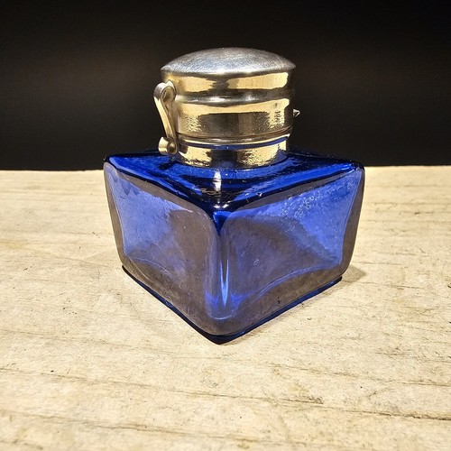 Vintage Antique Style Cobalt Blue Square Glass Inkwell Ink pot Bottle - Picture 6 of 12