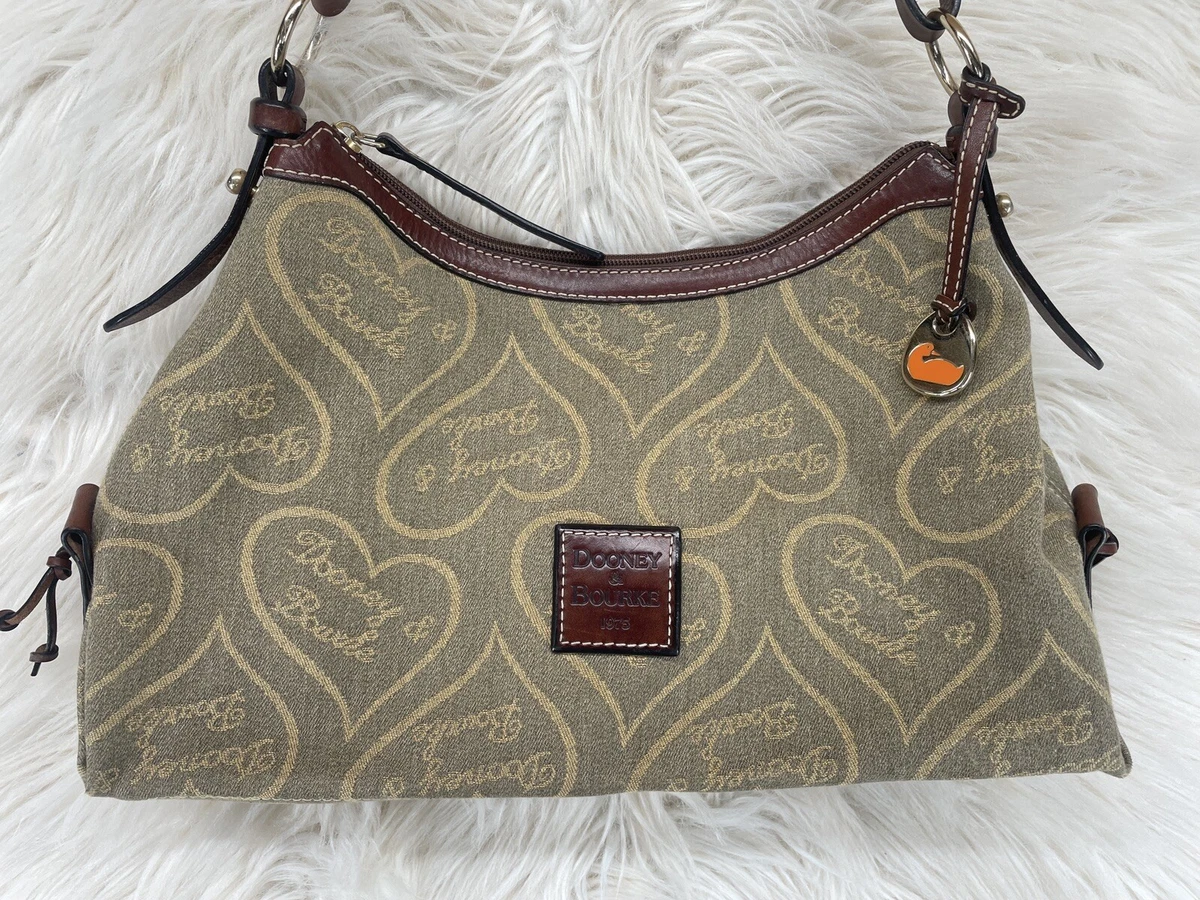 Vtg Dooney Bourke Denim Hearts Brown Signature Bag Purse Leather Strap