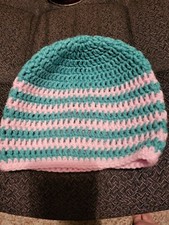 Unisex Crochet Beanie. Sage Green Pink Stripes Soft And Stretchy. USA Made.