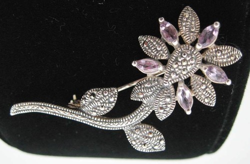 LOVELY LARGE CHÂTEAU D'ARGENT AMETHYST & MARCASITE STERLING FLOWER BROOCH/PIN - Picture 2 of 5