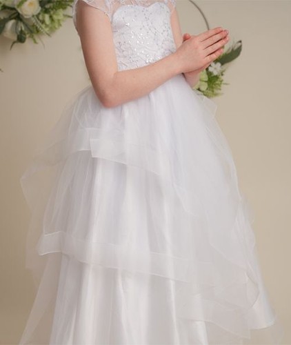 Vestido de encaje blanco para niñas con falda en capas y corsé trasero para bodas y comunión - Imagen 7 de 9
