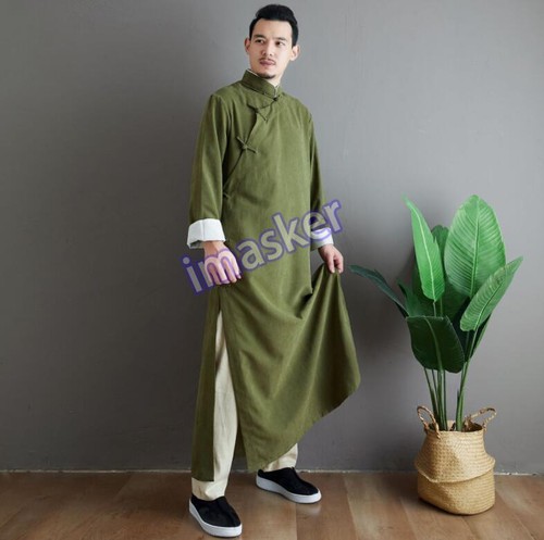 Bata suelta de color puro manga larga Pankou cuello alto estilo chino de moda para hombre - Imagen 22 de 28