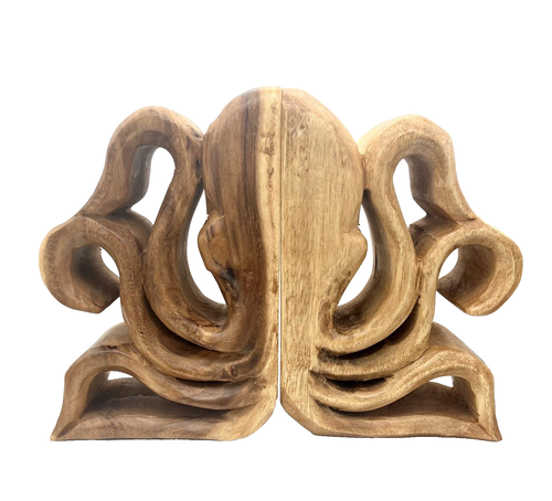 Pair of Wooden Octopus Bookends Hand Carved Artisan Sculpture Kraken Nautical