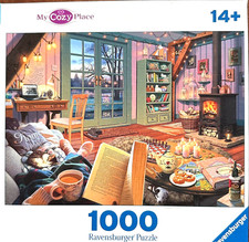 Cozy Retreat COMP 1000 pc Puzzle Person Reading Cup of Coffee Candles Fireplace