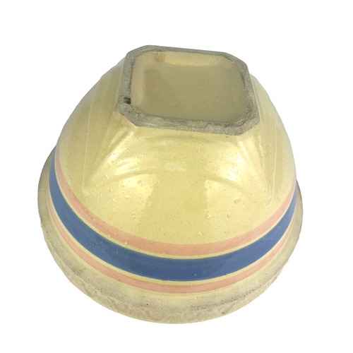Ciotola primitiva crock giallo merce impressa rosa righe blu McCoy vintage 9,75" - Foto 12 di 17