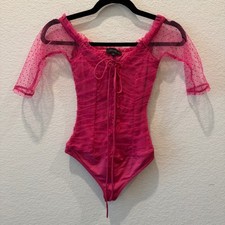Majorelle Hot Pink Mesh Swiss Dot Ruched Lace Up Bodysuit XS