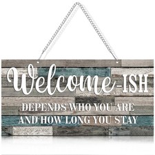 Funny Welcome Front Door Sign Welcome-ish Hanging Sign 12 x 6' Inch, Rustic Wall