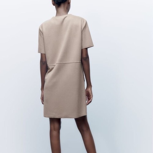 NEW Zara Beige Nude Faux Leather Suede Short Sleeve Mini Tee T-Shirt Dress M - Picture 3 of 8