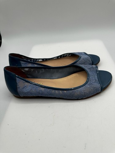 FS/NY Blue Mesh Embroidered Flower Patent Leather Trim Flat Open Toe Women Sz 8B - Picture 5 of 10