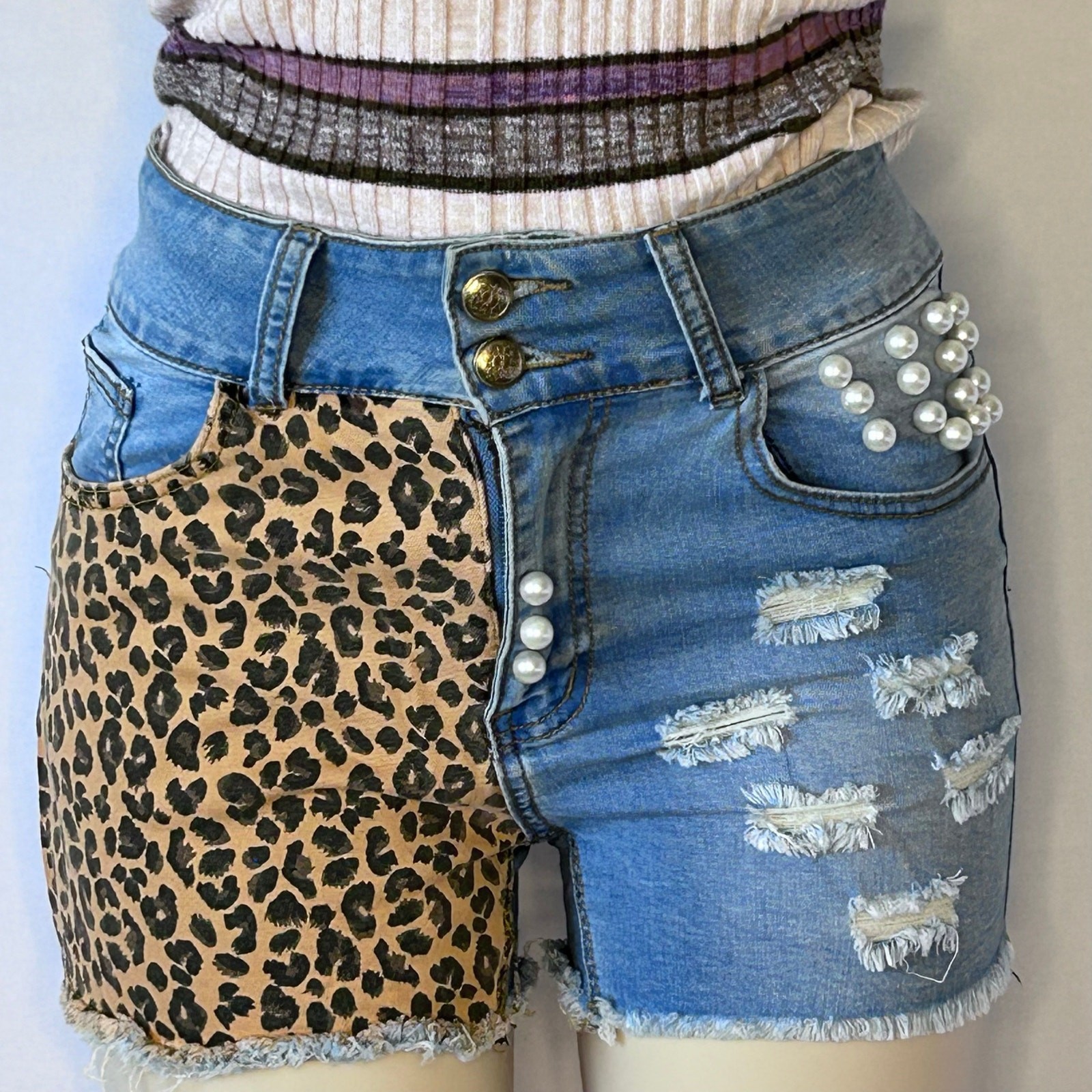 Denimland Patchwork Leopard Pearl Distressed High… - image 1