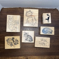 VTG Wood Rubber Stamps Lot Of 7 1990s Assorted Kitties Cats Large Small