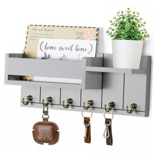 Key Holder Wall Mount - Decorative Key Rack and Mail Organizer with 6 Key
