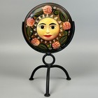 Mexican Folk Art Sun Face Ceramic Plaque Wrought Iron Stand Hand Painted 9.5"