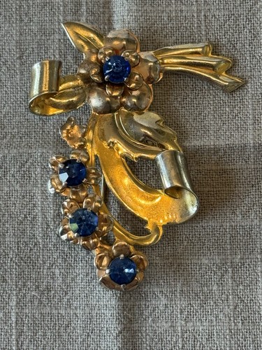 Vtg Flower Brooch 4 Sapphire Blue Rhinestones Gold Vermeil Sterling MCM Estate. - Bild 4 von 8