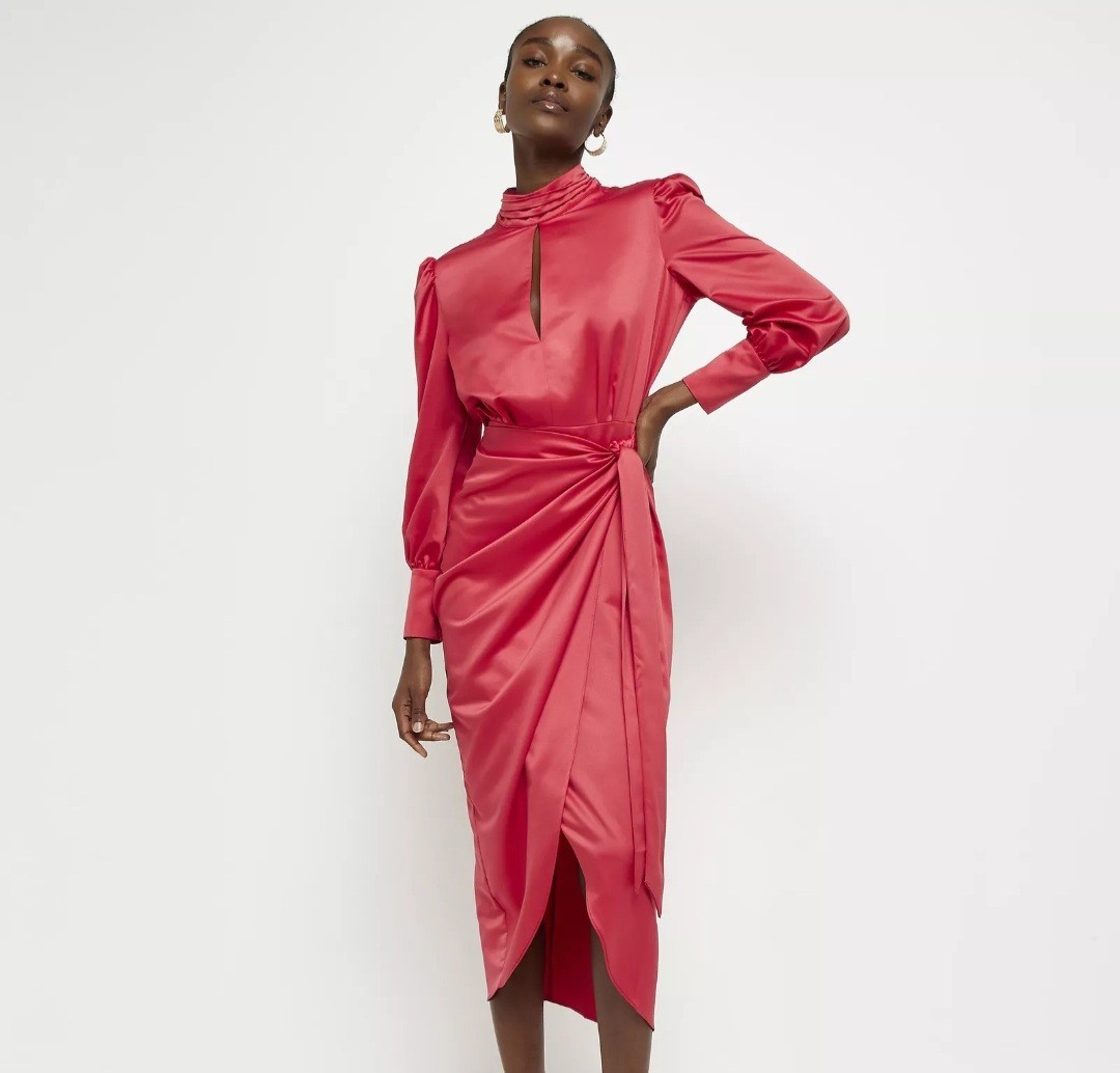 River Island Wrap Midi Red Cut Out Long Sleeve High Neck Asymmetric Dress Sz 12 