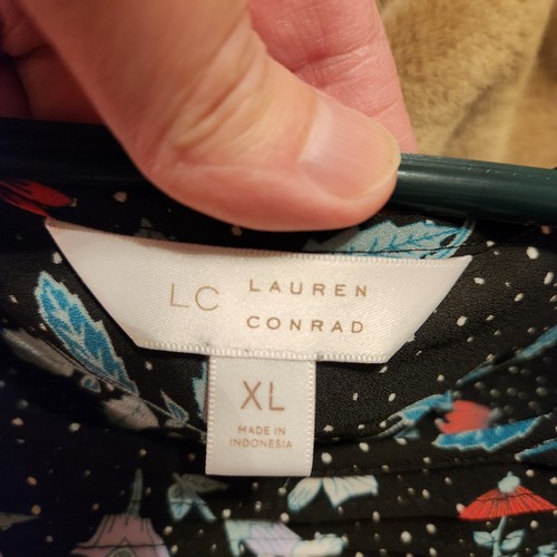 LC Lauren Conrad Top Womens Size XL Black 3/4 Sleeve Polka Dot Dark Floral Boho - Picture 5 of 7