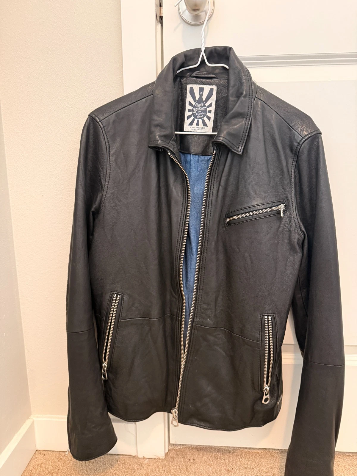 Scotch & Soda Men's Black Leather Jacket Small – Amsterdams Blauw - product detail image 1