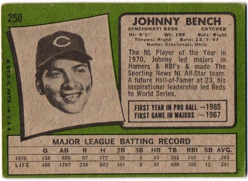 1971 Topps - Johnny Bench #250 - Small Crease - Picture 2 of 2