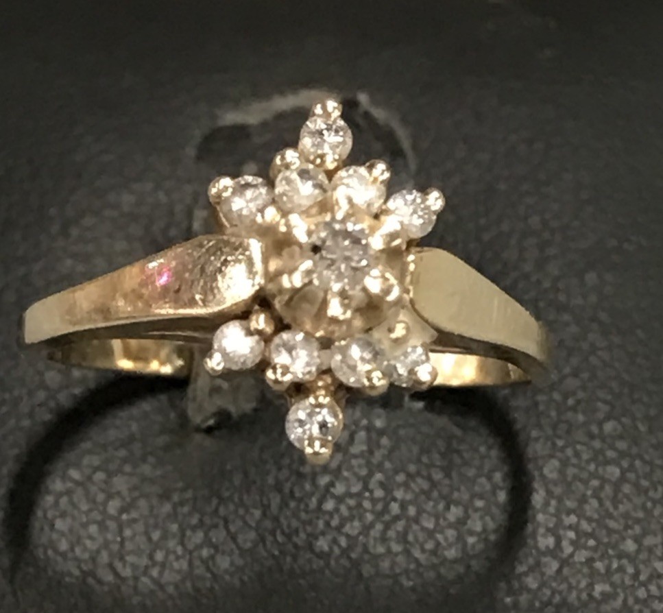 14k Solid Yellow Gold Diamond Cluster Ring Snowflake Starburst Sz