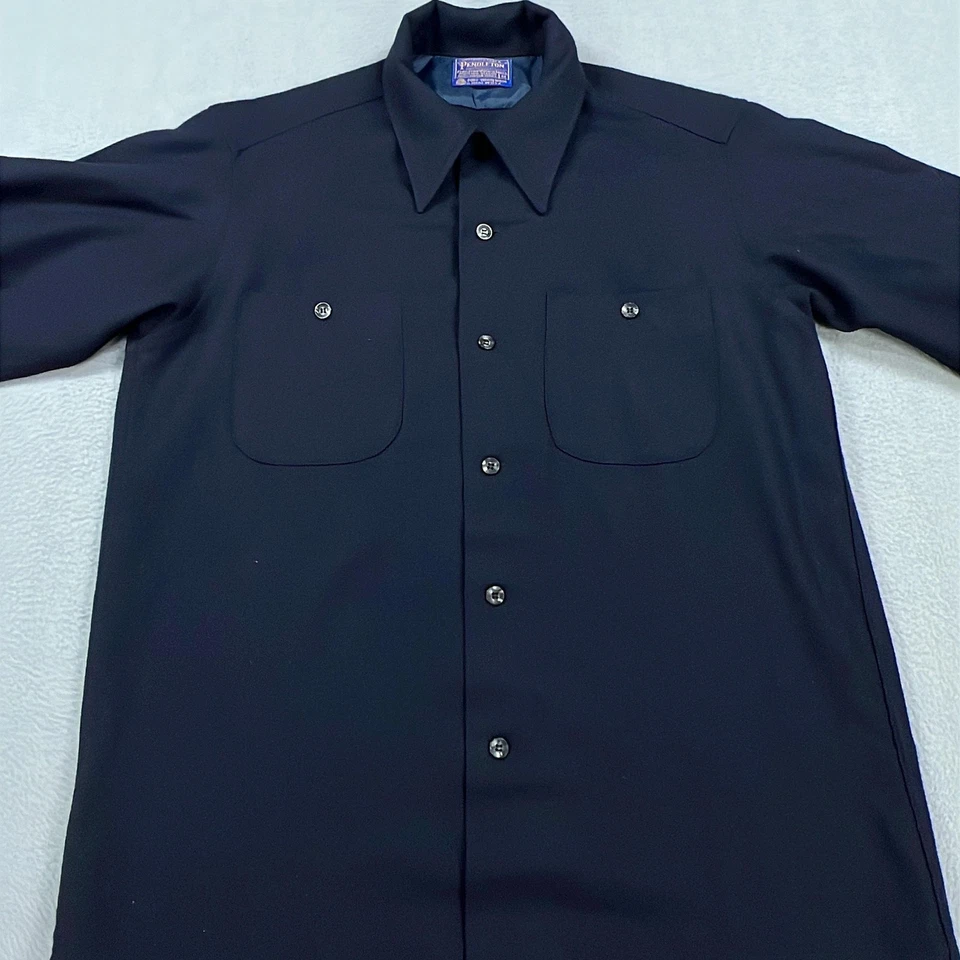 Vintage Pendleton Shirt Men Medium Navy Wool Made USA Workwear 70s Button Up 80s - Image 4 of 4