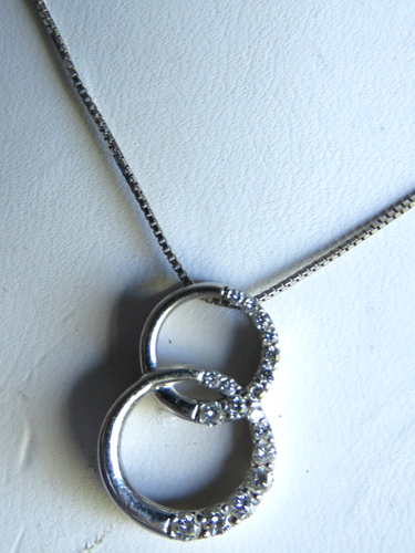 Solid 14K White GOLD 2 Rings 18 White Diamonds Pendant w/Chain NECKLACE 18" 4.1g - Picture 3 of 12
