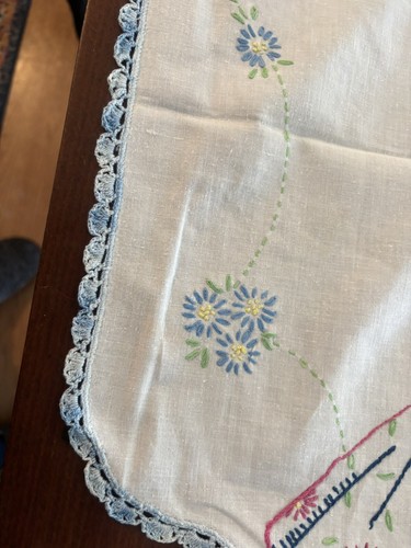 2 Vintage Embroidered Linen Table Runner Dresser Scarfs Blue, Etc. (not a set) - Picture 4 of 14