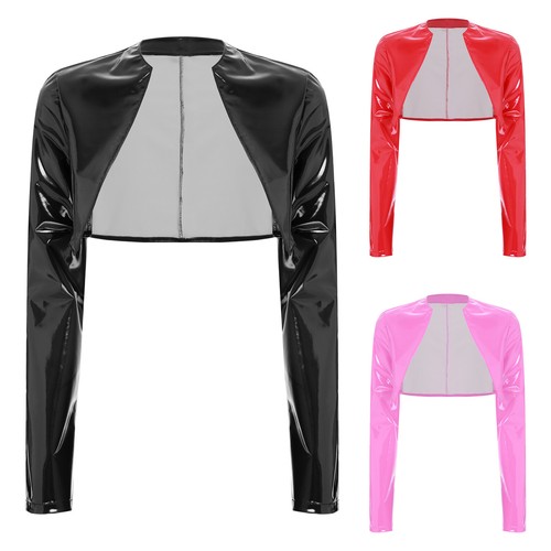 Womens Glossy PU Cardigan Long Sleeve Motor Biker Cropped Jackets Clubwear - Picture 2 of 34