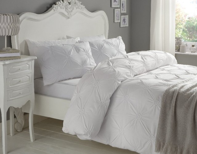 Elissa 100 Cotton Ruched Rosette Duvet Cover And Pillowcase Set Elissa Rosette White Cotton Duvet Cover Set Kingsize