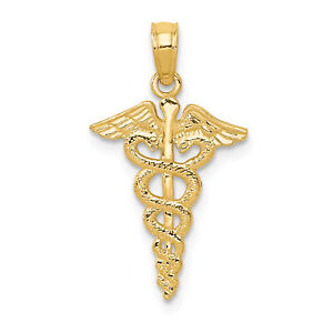 14k Yellow Gold Polished And Textured Caduceus Symbol Medical Charm Pendant