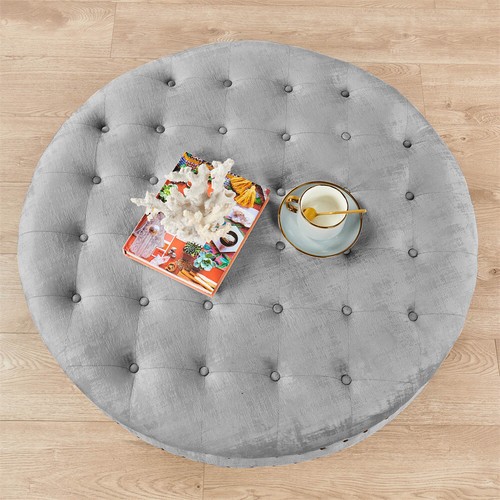 Large Upholstered Tufted Button Velvet Round Ottoman Coffee Table Caster Wheels - Picture 29 of 186