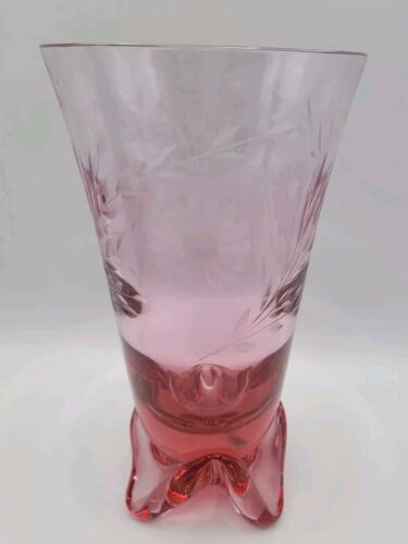 1960er Jahre Tiffin Glas rosa Glysterien Optik Träne geätzt Blumen MCM Fußvase - Bild 5 von 21