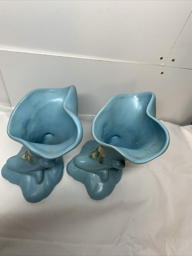 WELLER POTTERY PAIR OF CAMEO CORNUCOPIA PLANTER VASES - BEAUTIFUL Pair 6” Tall - Picture 7 of 11
