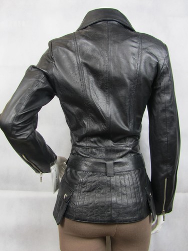 Damen schwarz Napa Leder Nieten Reißverschluss schmal eng sitzende Bikerjacke Fahrrad - Bild 9 von 11
