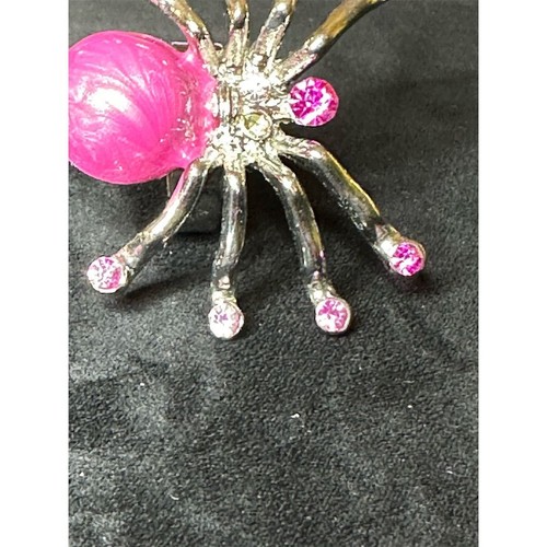 Vintage Pink Rhinestone Spider Ring Adjustable Silver-Tone Halloween Theme - Picture 8 of 10
