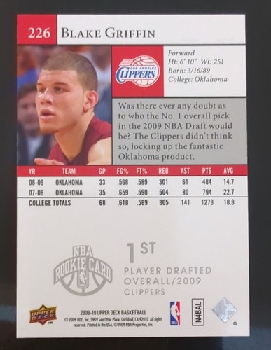 ๐โญ2009-10 Upper Deck Blake Griffin RC 226 Basketball Card Rookie Clippers ๐ - Picture 2 of 2