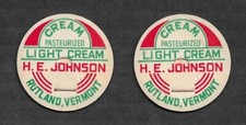 Lot of 2 H. E. Johnson Light Cream Milk Bottle Caps - Rutland, VT